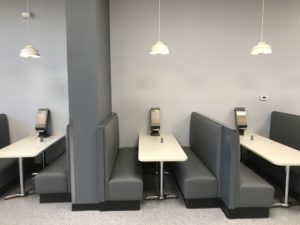 gray booths in a restaurant