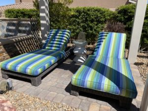 blue and green outdoor lounge chairs