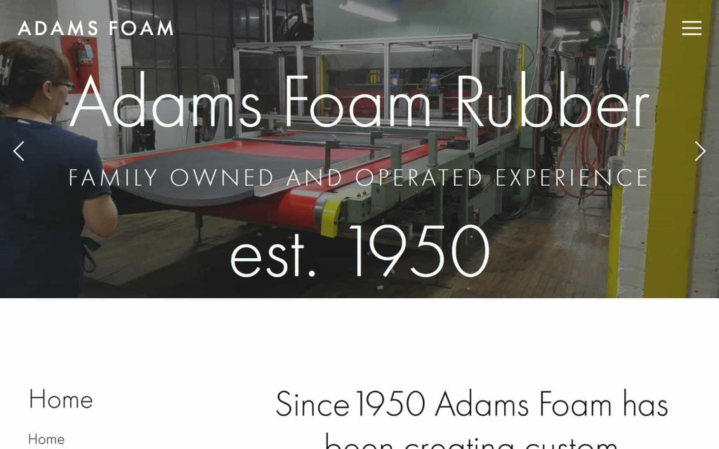 Adams foam website homepage